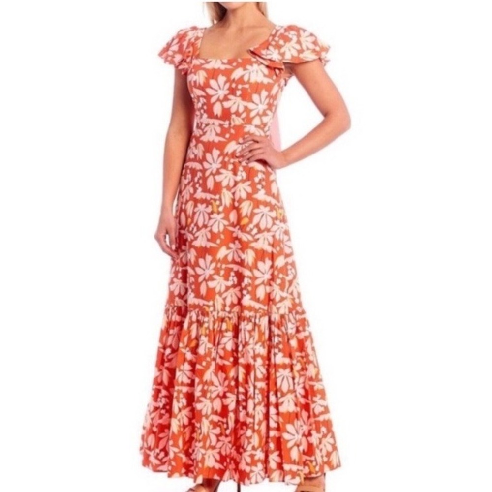Sachin And Babi Darcy Dress Womens Size 6 Orange Tropical Tiered Ruffle Maxi Bow